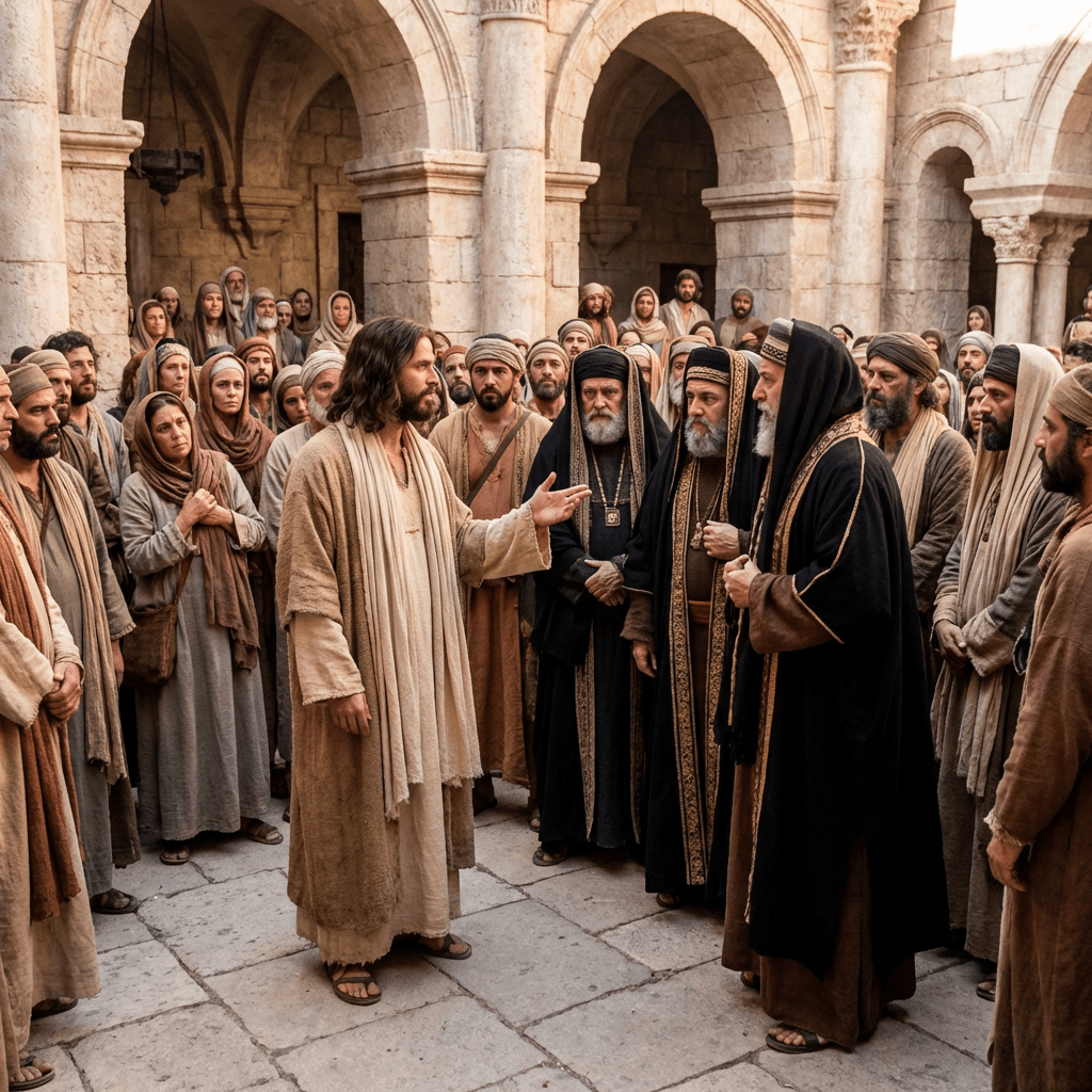 Man in tan robes addressing religious leaders in a crowded ancient stone courtyard.