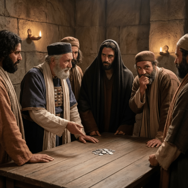 Men in ancient biblical robes gathered around a wooden table with silver coins.