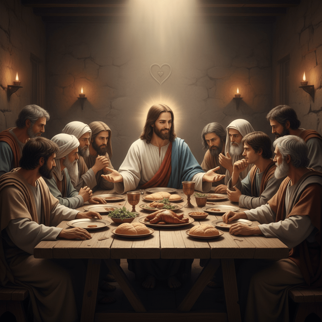 Jesus and his twelve disciples gathered around a table for a communal meal.