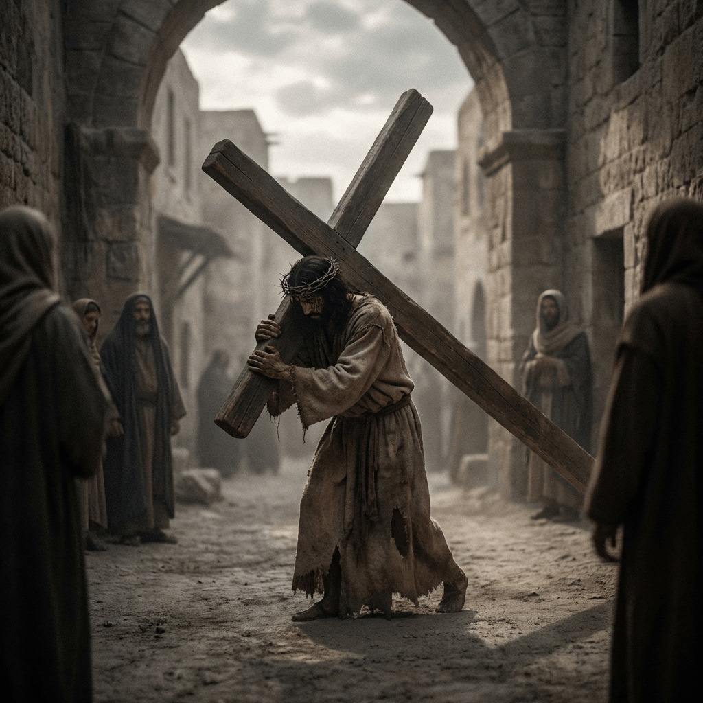 Jesus Christ carrying a large wooden cross through a dusty ancient street.