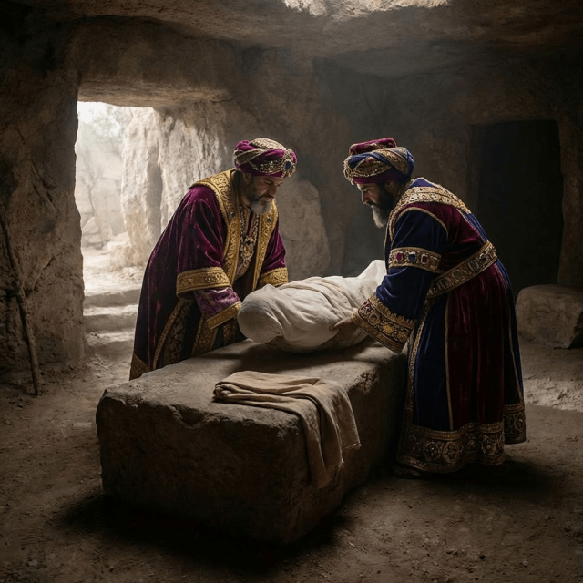 Two men in robes place a linen-wrapped body onto a stone tomb inside a cave.