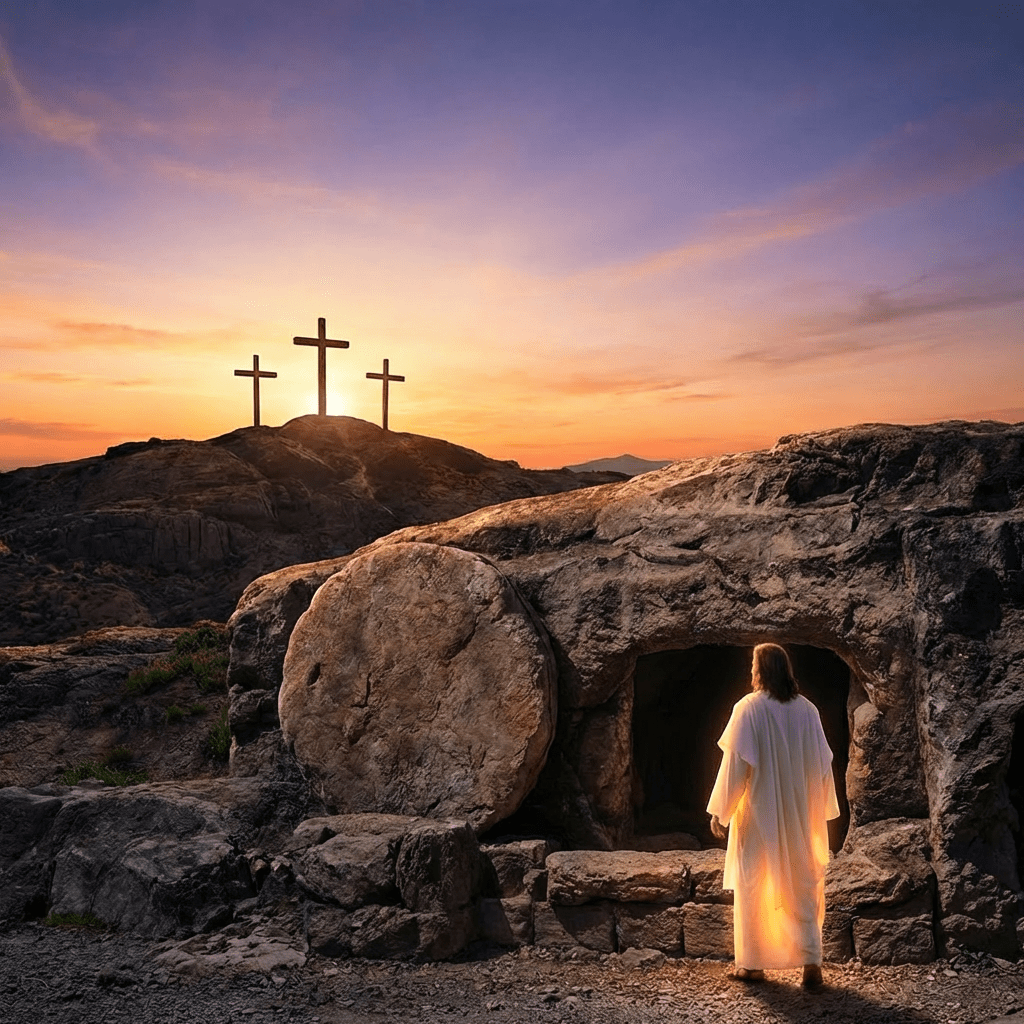 Jesus Christ stands before an empty tomb with three crosses on a distant hill.