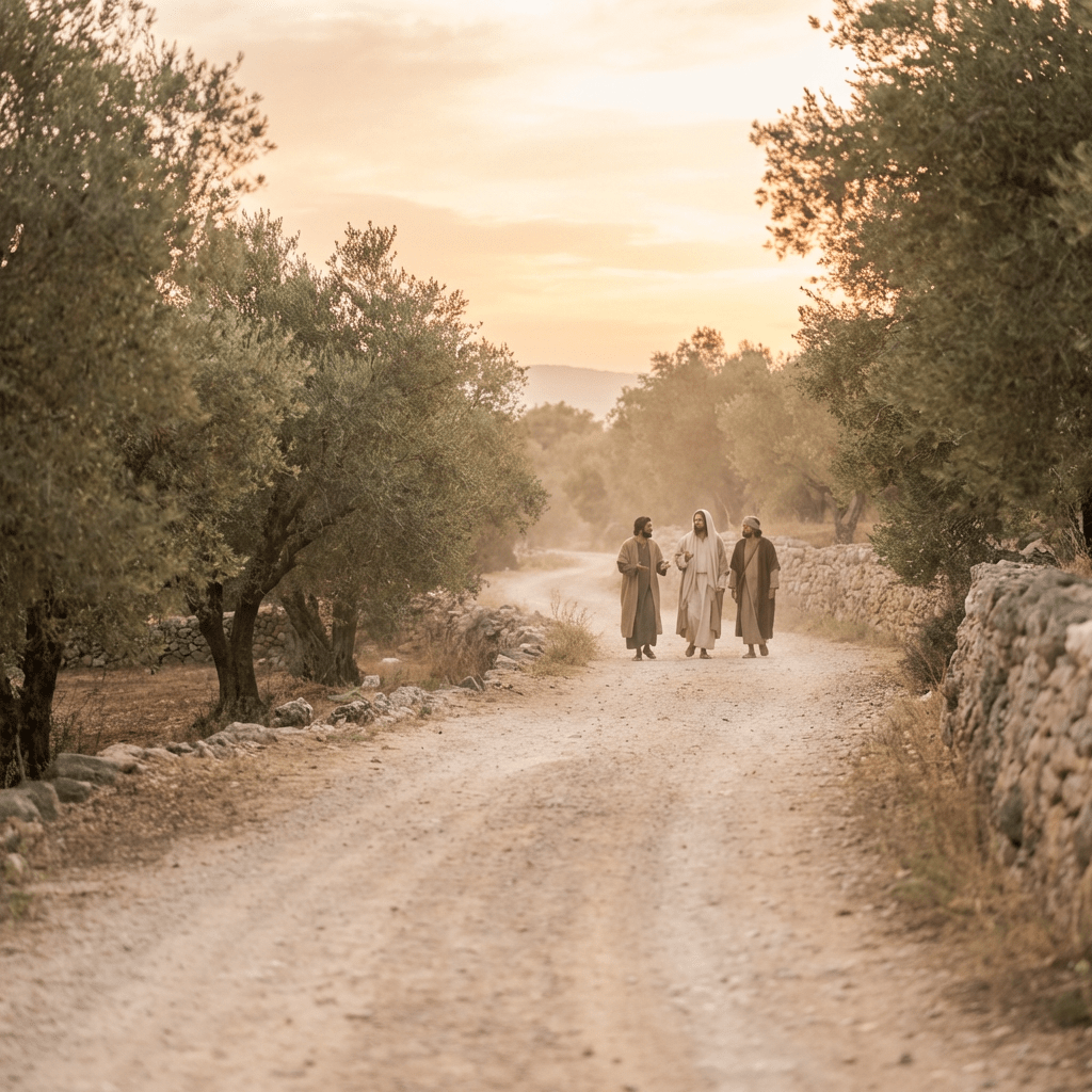 Three men in robes walking on a dusty road between olive groves.