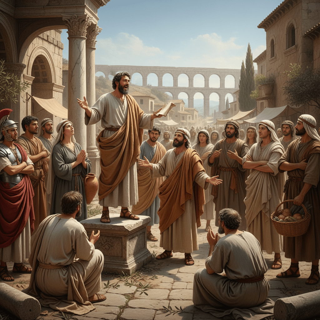 Man delivering a speech on a stone pedestal to a crowd in an ancient Roman market square.
