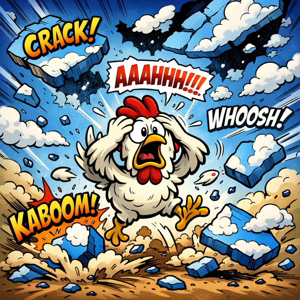 Cartoon chicken panicking amidst exploding debris and sound effects