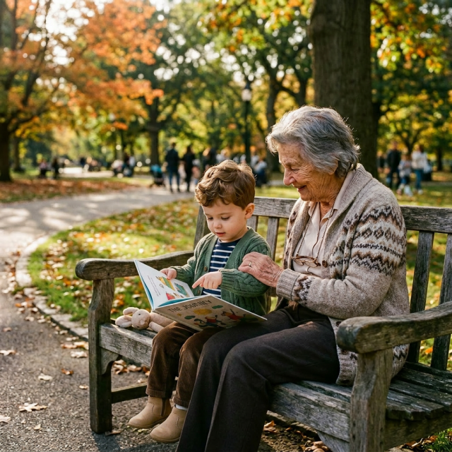 Grandmother and young girl sitting on a bench reading a children's book outdoors