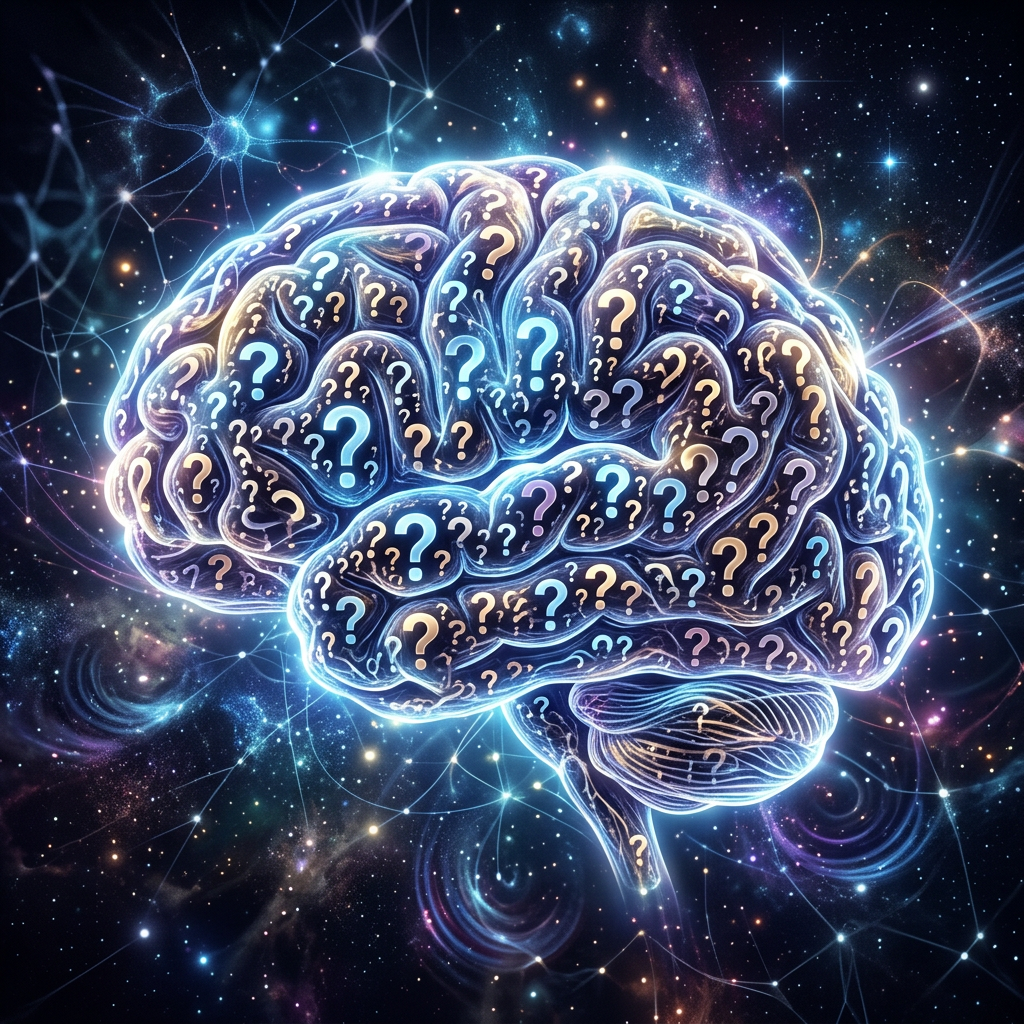 Glowing brain illustration with numerous question marks inside on a cosmic background