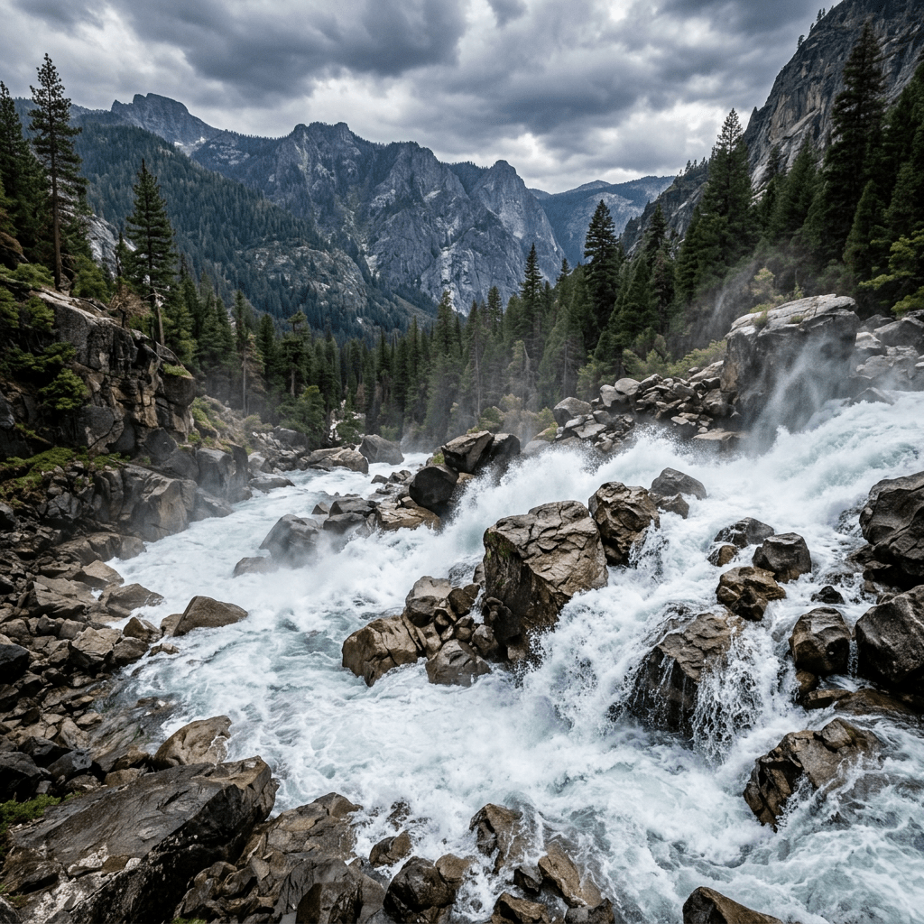 White water rapids flowing through rocky riverbed in mountainous forest