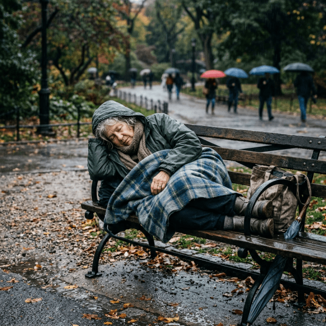 Elderly woman sleeping on a rainy park bench covered with a blanket