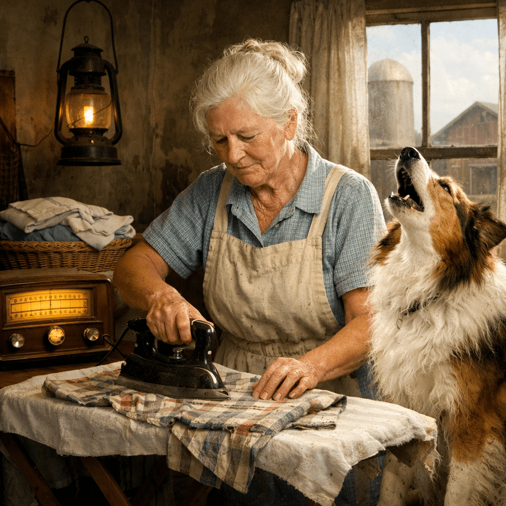Elderly woman ironing clothes with a dog beside her indoors