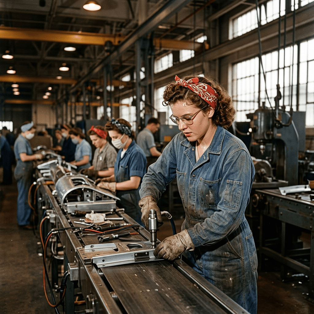 Women factory workers wearing headscarves and gloves assembling metal parts on a production line