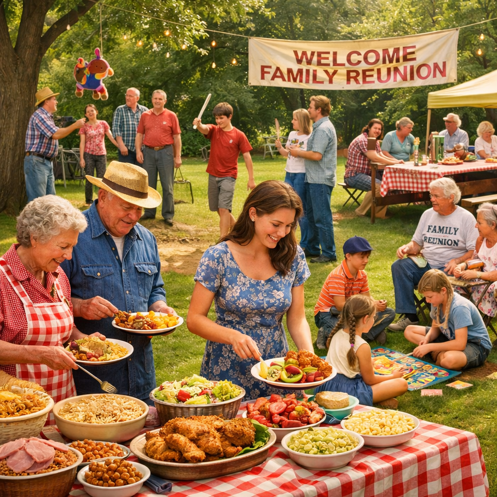 Family reunion with multiple generations sharing food and playing games outdoors