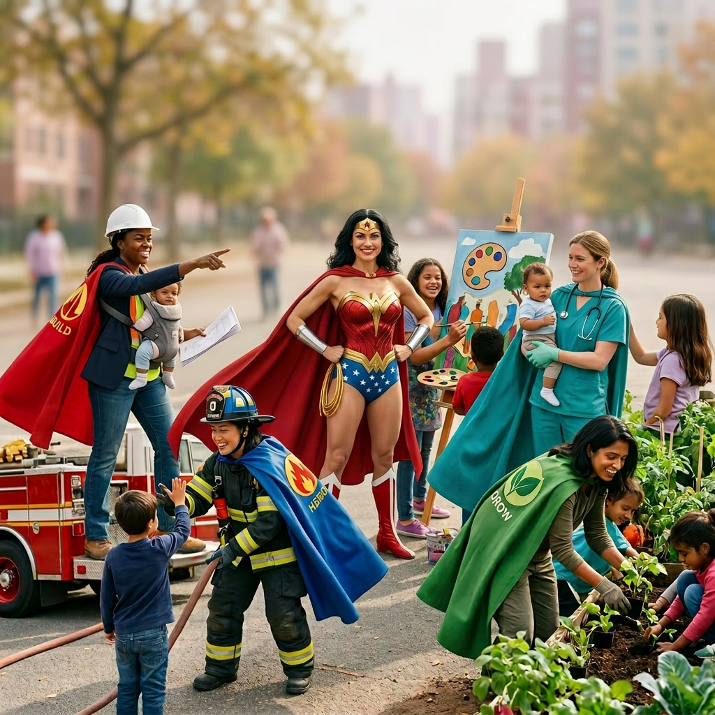 Diverse group in superhero capes participating in community projects with children outdoors