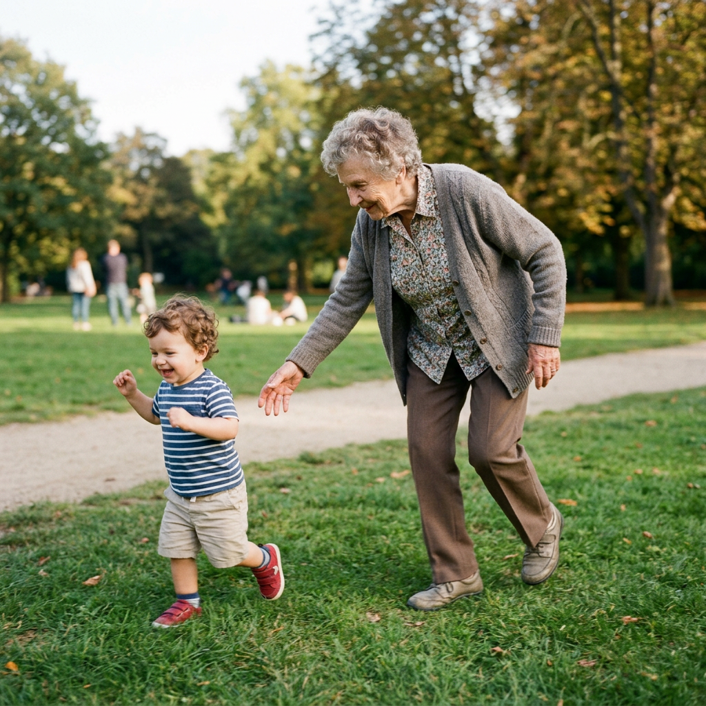 Toddler in striped shirt running on grass with grandmother reaching out behind him