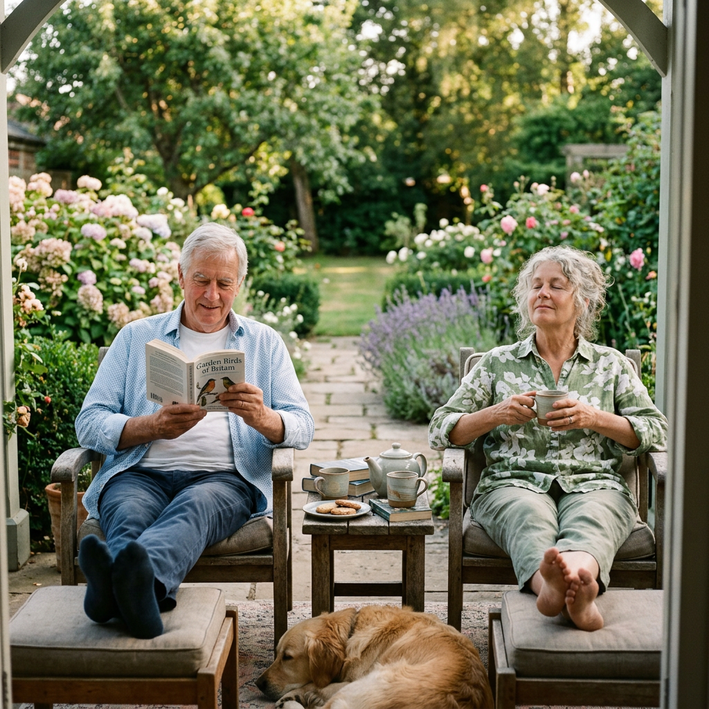 Older man reading a book and woman drinking tea in a garden seating area with a dog lying nearby