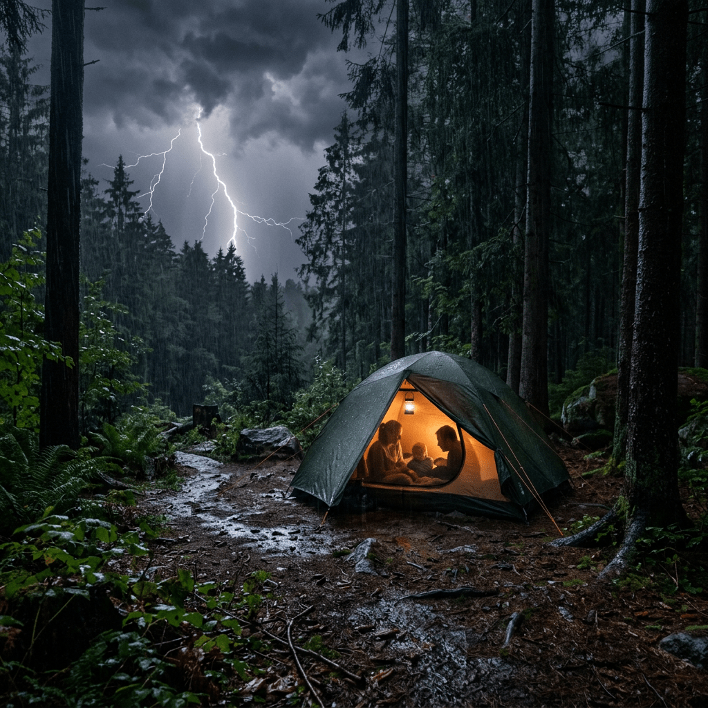 Family sitting inside an illuminated tent in a rainy forest with lightning outside