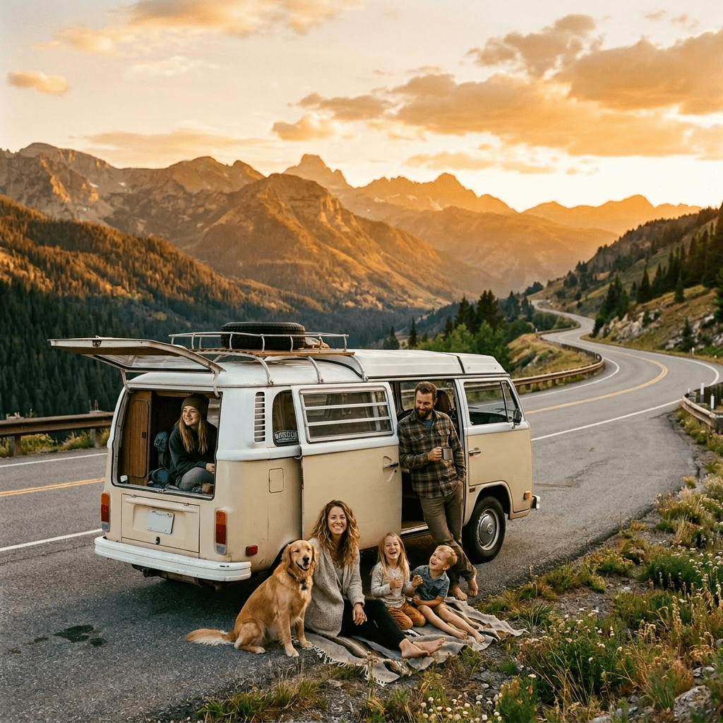 Family and golden retriever sitting on blanket outside vintage van on mountain road at sunset