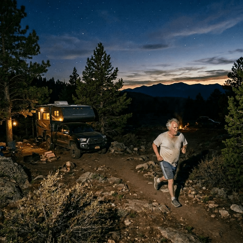 Man running on a rocky trail near camper truck and campfire at night