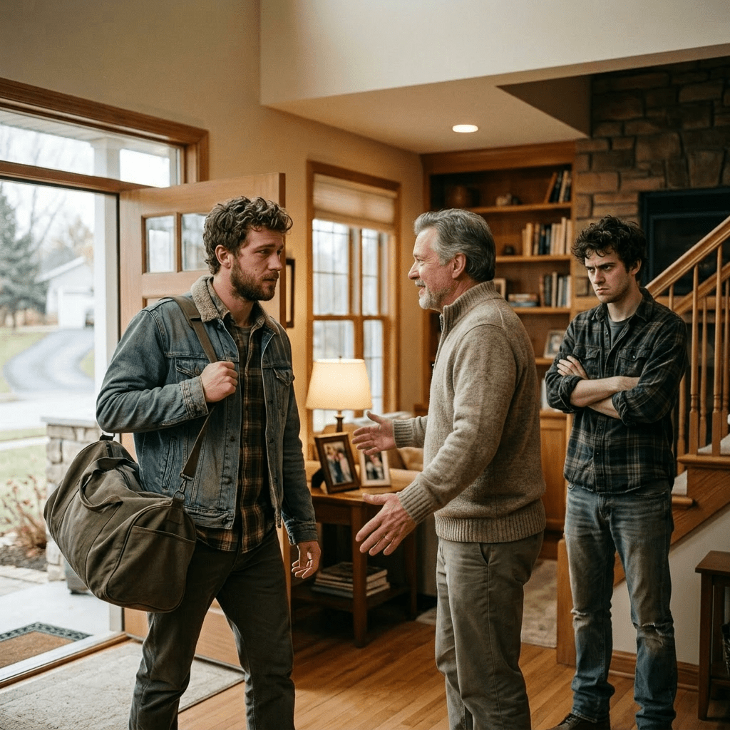 Young man with duffel bag being warmly greeted by emotional family indoors