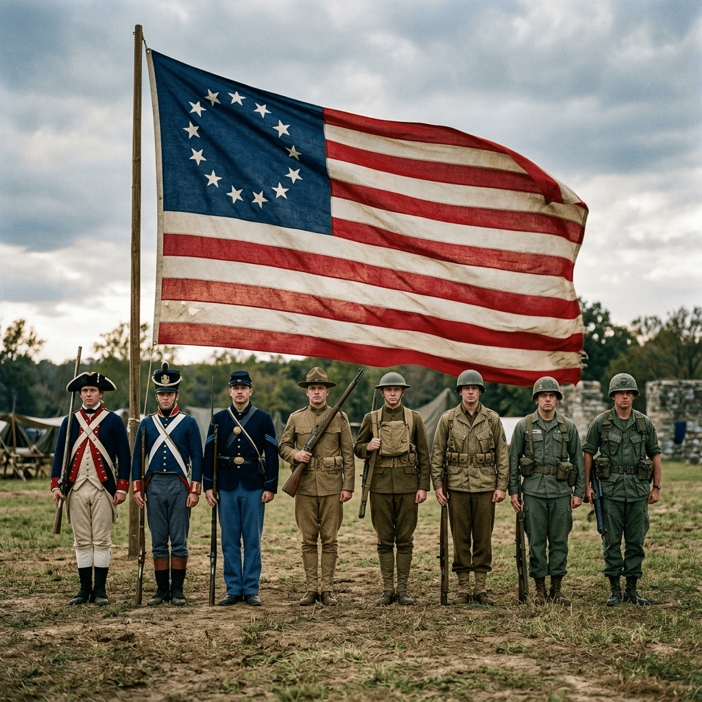 13-star flag background, soldiers from major wars