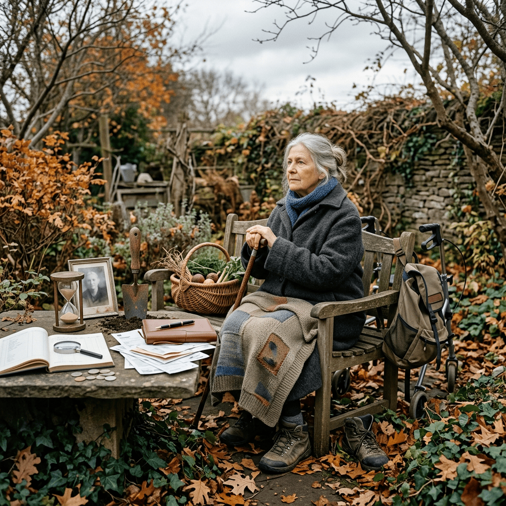 Elderly woman sitting on a wooden bench in an autumn garden, holding a cane, with a table beside her holding documents, a photo, and a basket of vegetables