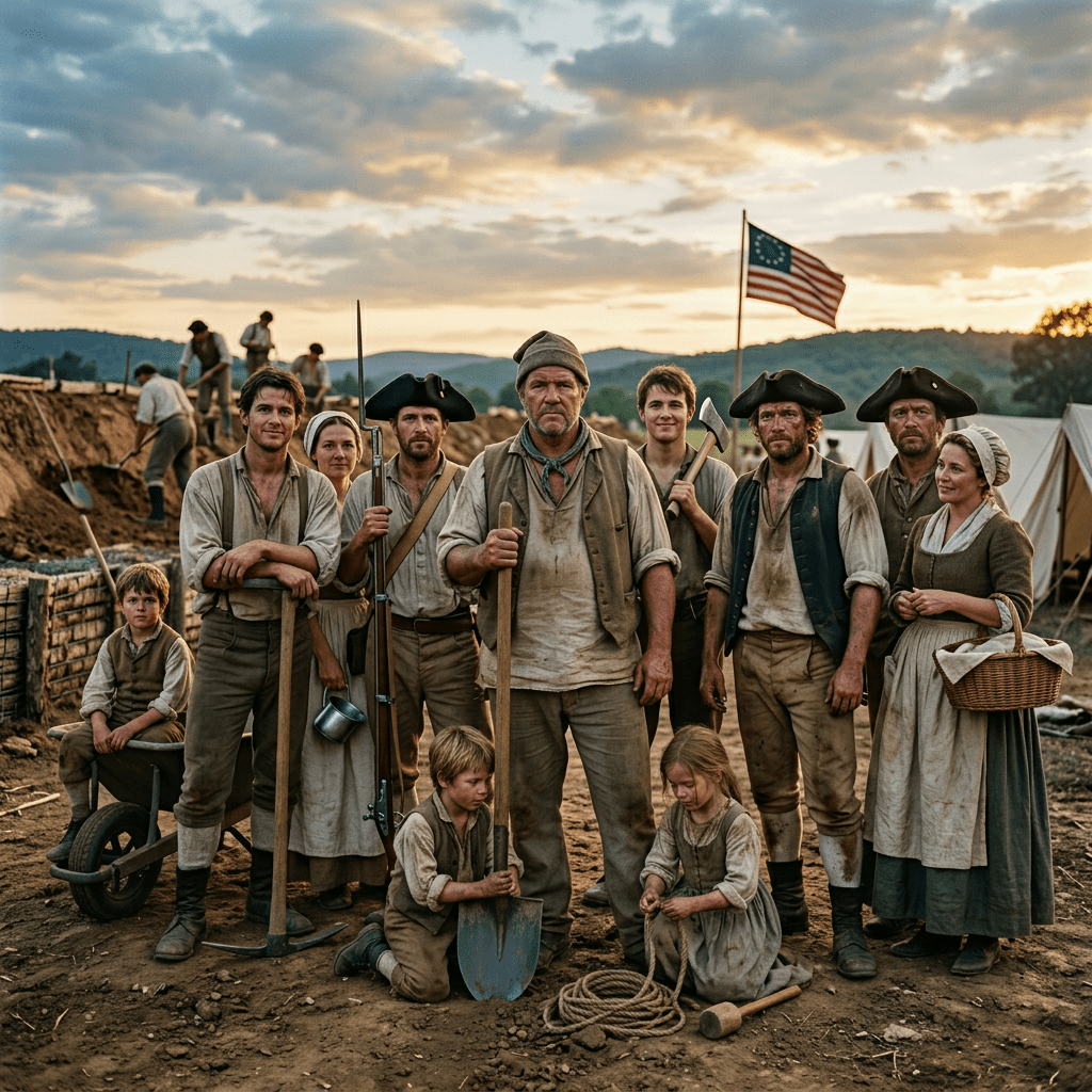 Group of Civil War soldiers posing at a fort construction site with tools and a flag