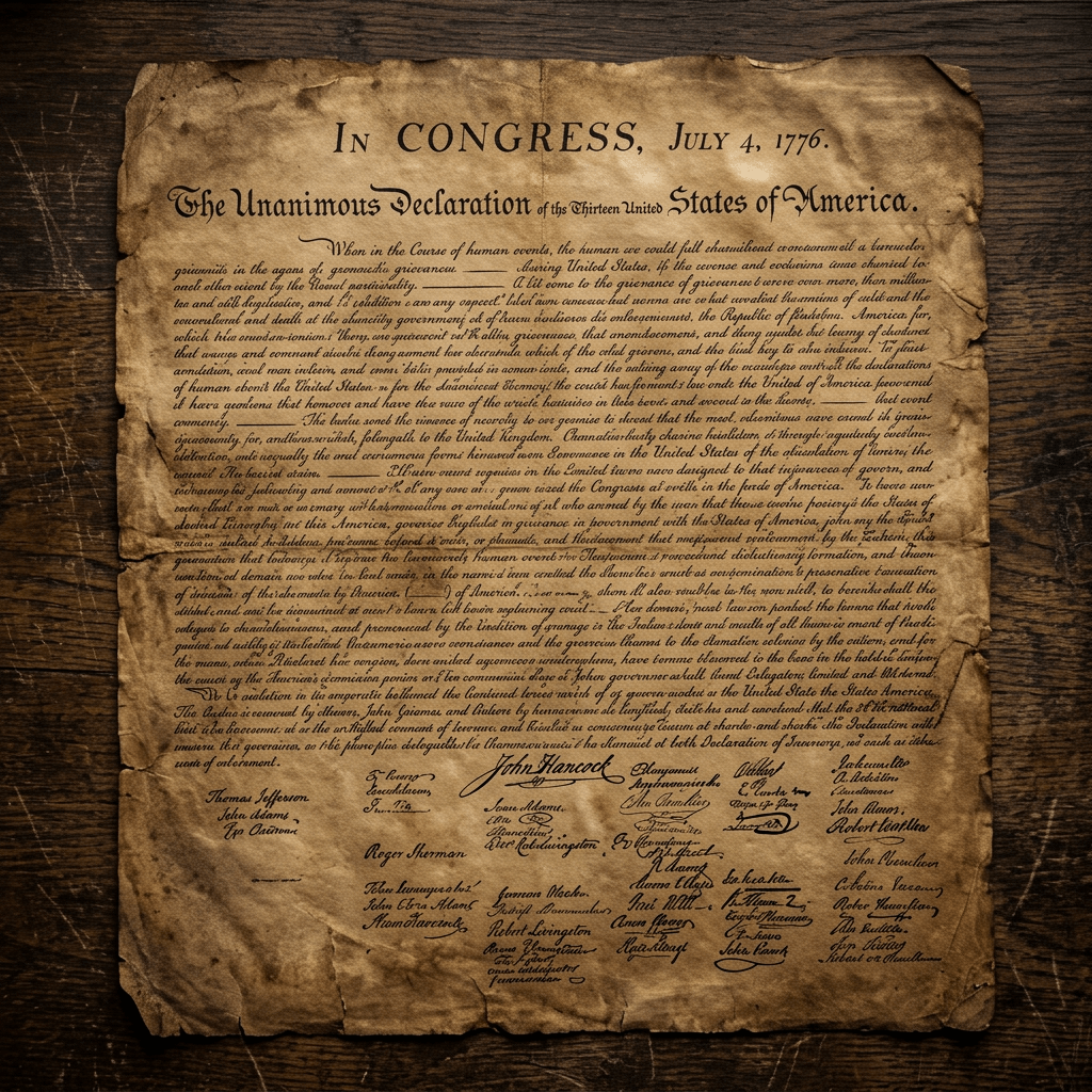 Replica of the United States Declaration of Independence dated July 4, 1776 with signatures