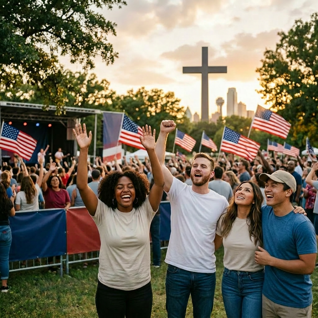 Four young adults smiling and raising hands at a faith and freedom event with American flags and signs