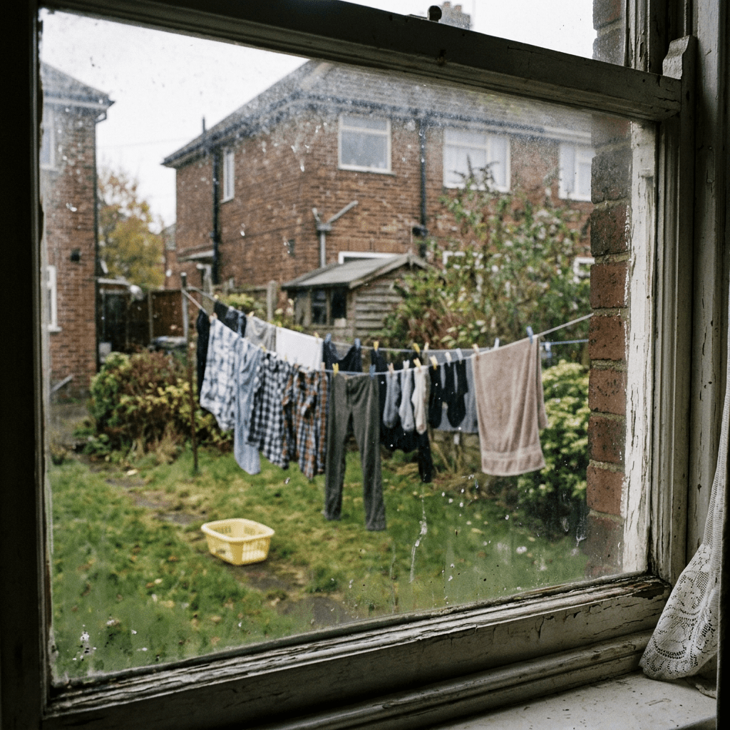 Clothes and towels hanging on a clothesline in a backyard seen through a wet window