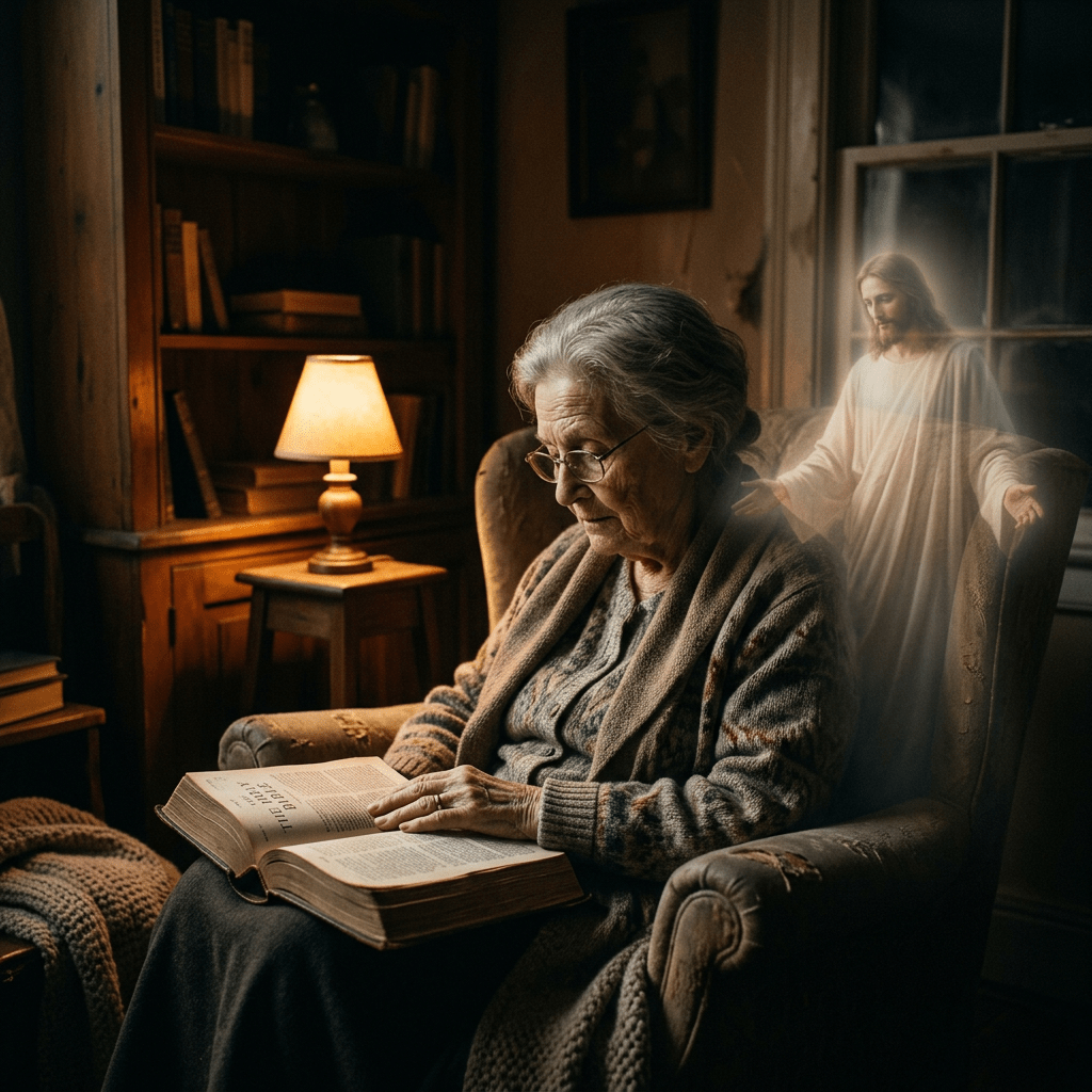Elderly woman reading a large book with a glowing figure of Jesus behind her