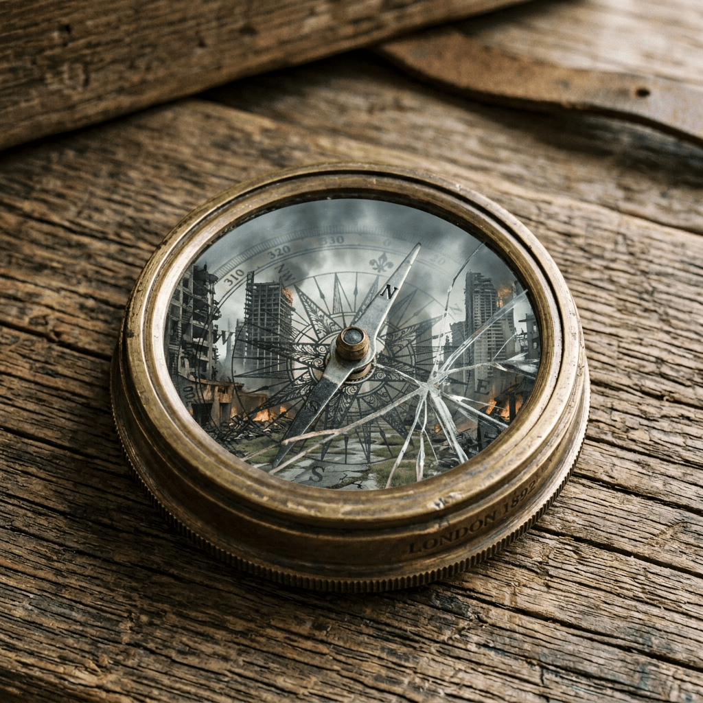 Vintage brass compass with cracked glass on wooden surface