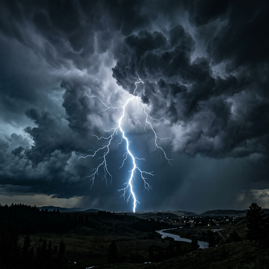 Bright lightning bolt branching down from dark storm clouds over a river and landscape at night