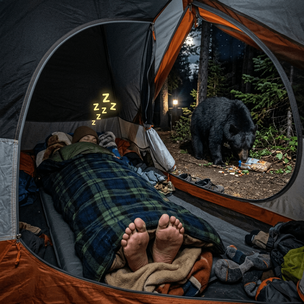 Person sleeping inside a tent with a black bear outside near spilled food