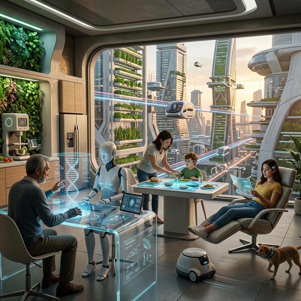 Family interacting with robots and holographic technology in a futuristic home