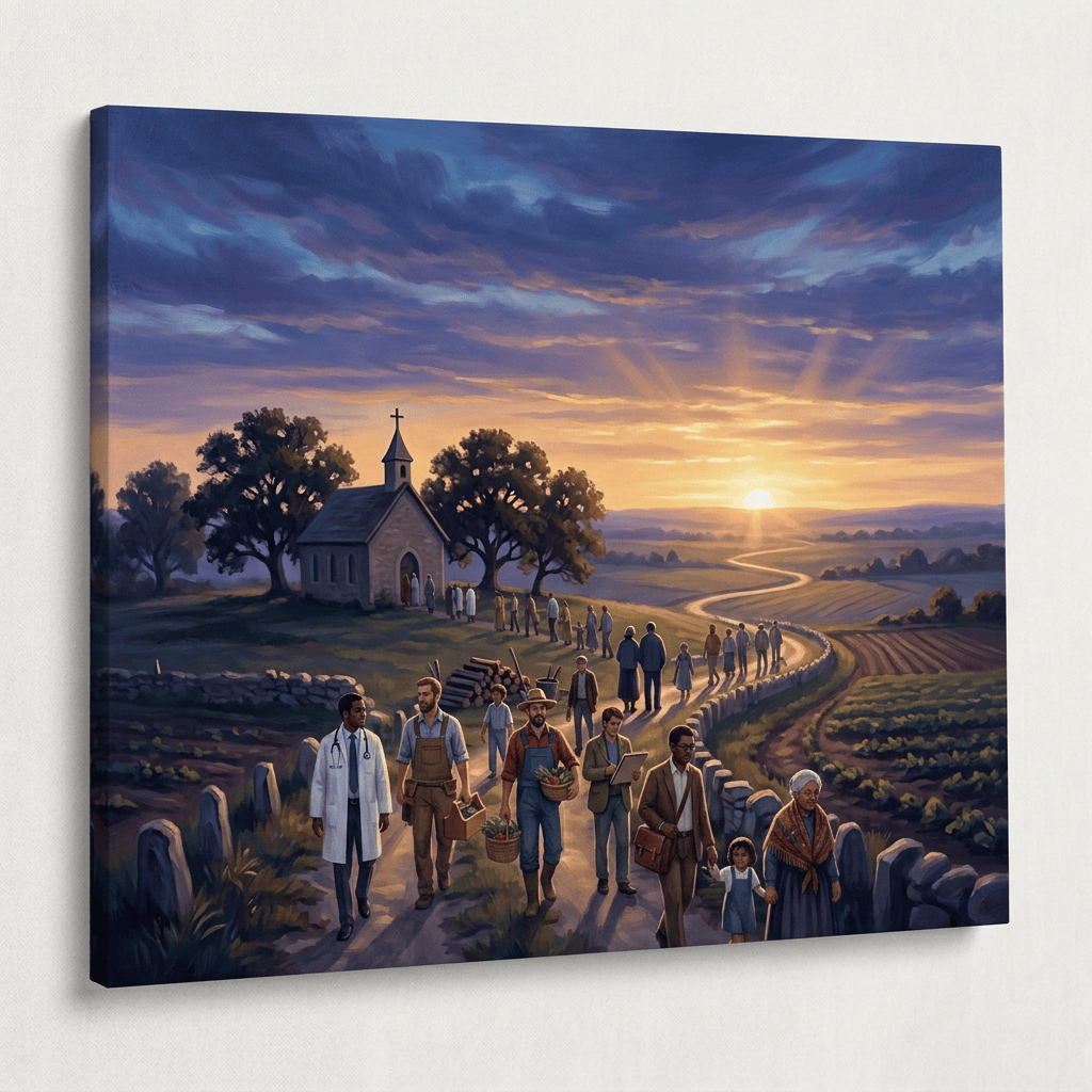 Two people walk along a winding road past a chapel at sunset