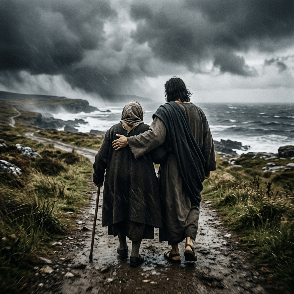 Two travelers walking arm in arm along a stormy coastal path