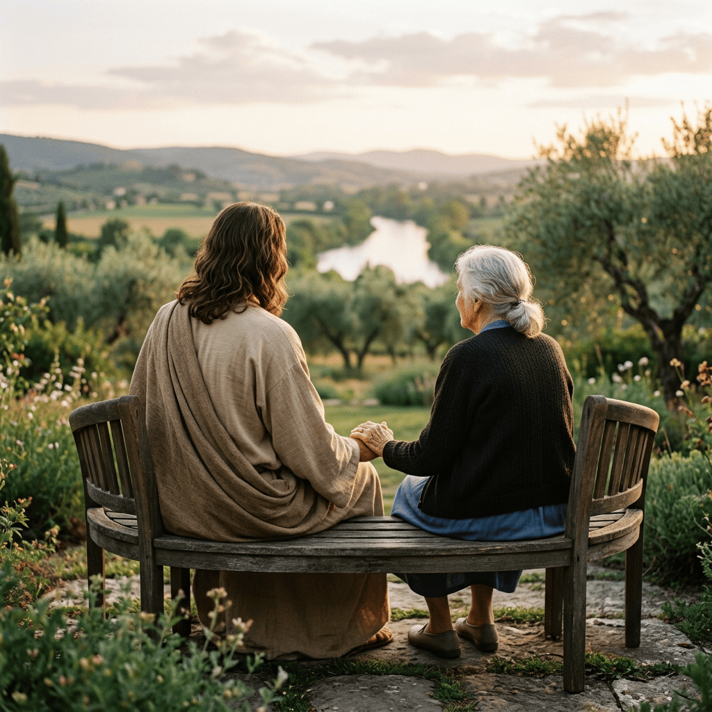 Two women holding hands on a bench overlooking a river valley