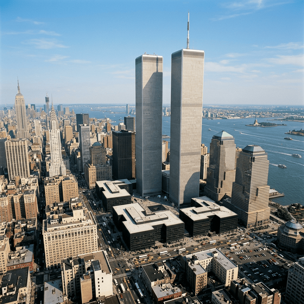 Aerial view of Lower Manhattan with the Twin Towers, Empire State Building, and harbor