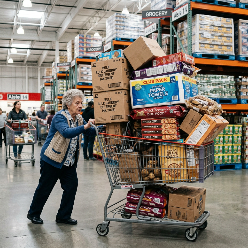 Older woman pushing an overloaded shopping cart in a warehouse grocery store