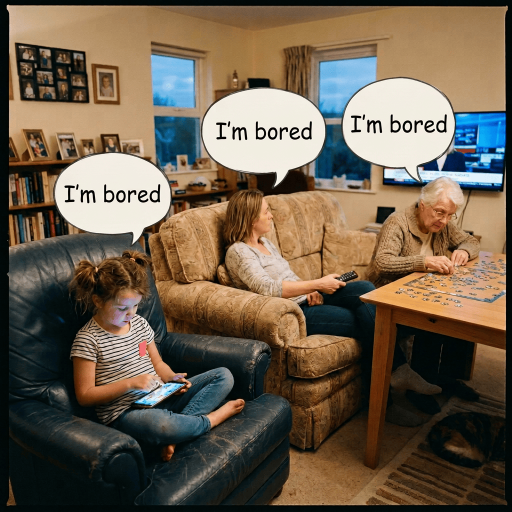 Family relaxing indoors with a child using a tablet and an older woman assembling a puzzle
