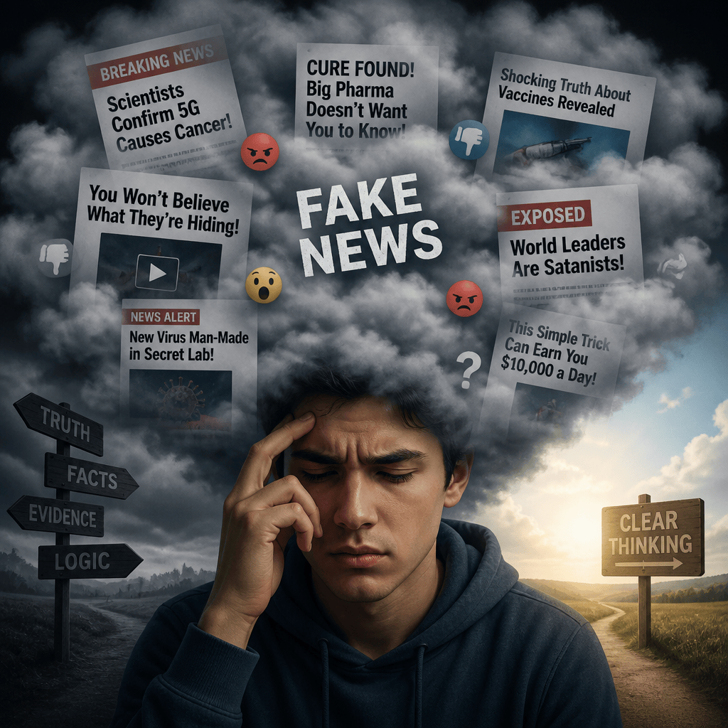 Person surrounded by fake-news headlines, choosing between misinformation and clear thinking