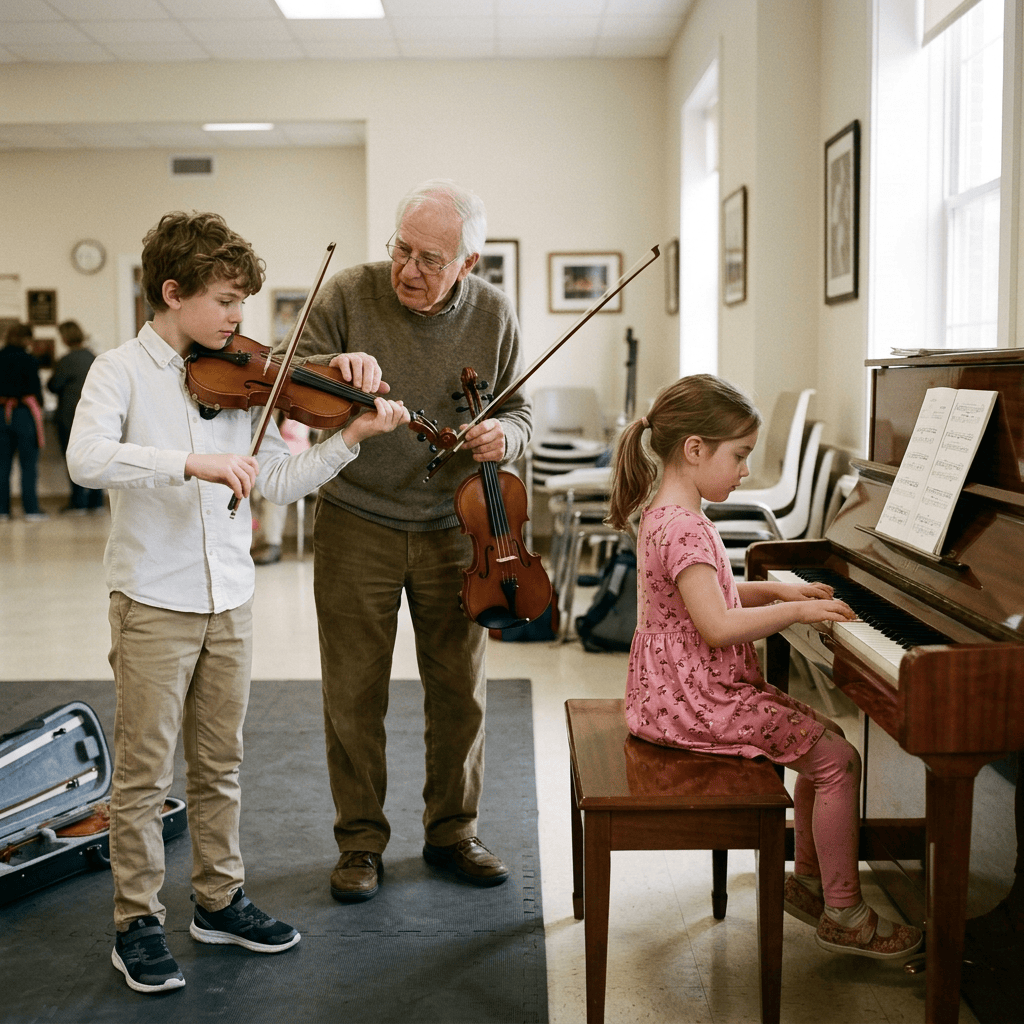 Boy practices fencing while a girl plays piano in a classroom