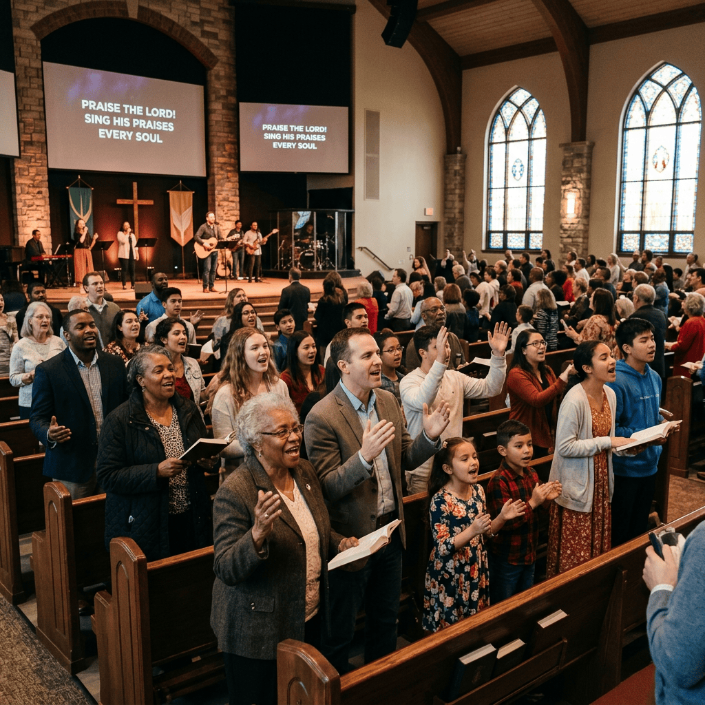 Congregation worships as screens display “PRAISE THE LORD! SING HIS PRAISES EVERY SOUL”