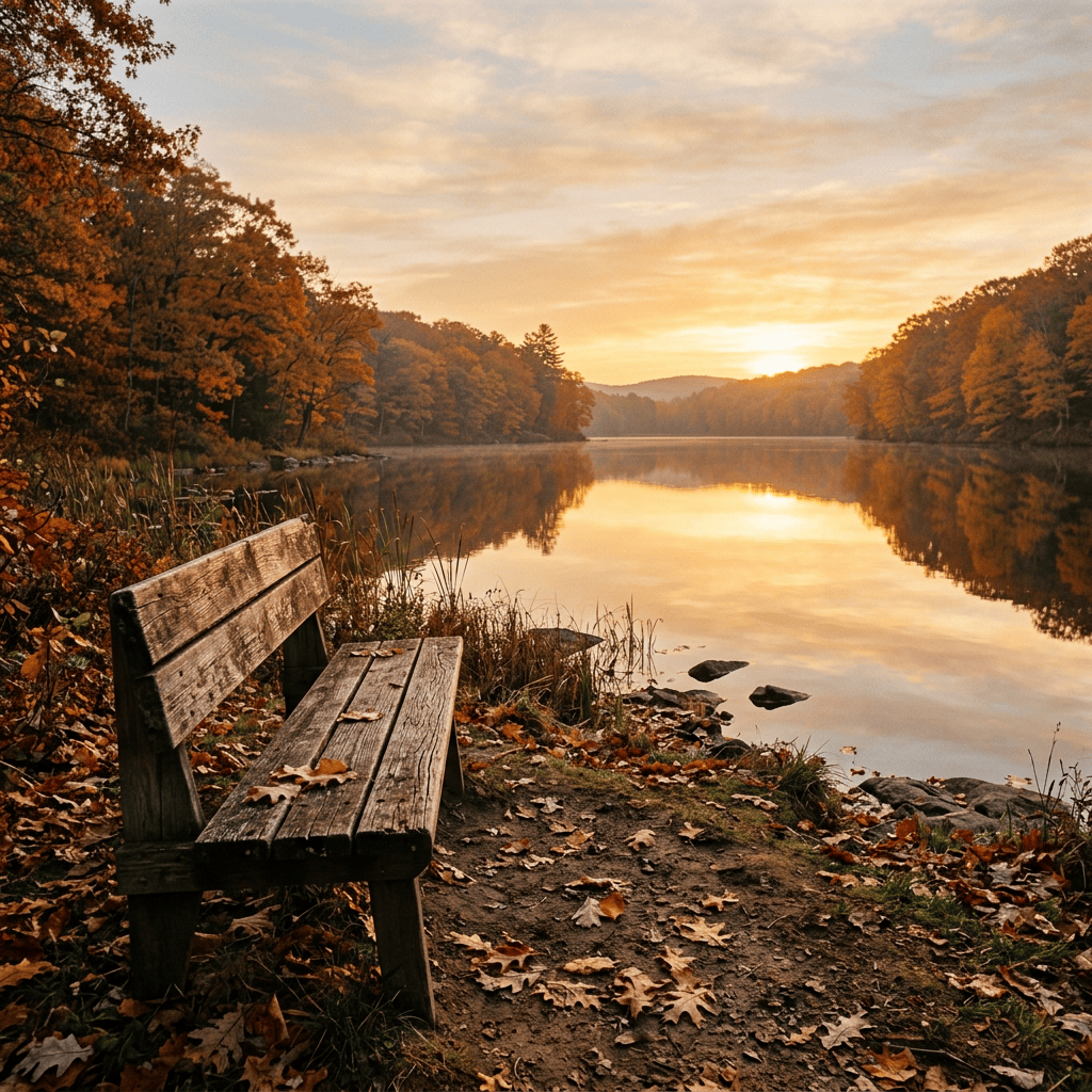 Wooden bench overlooking a calm autumn lake at sunset