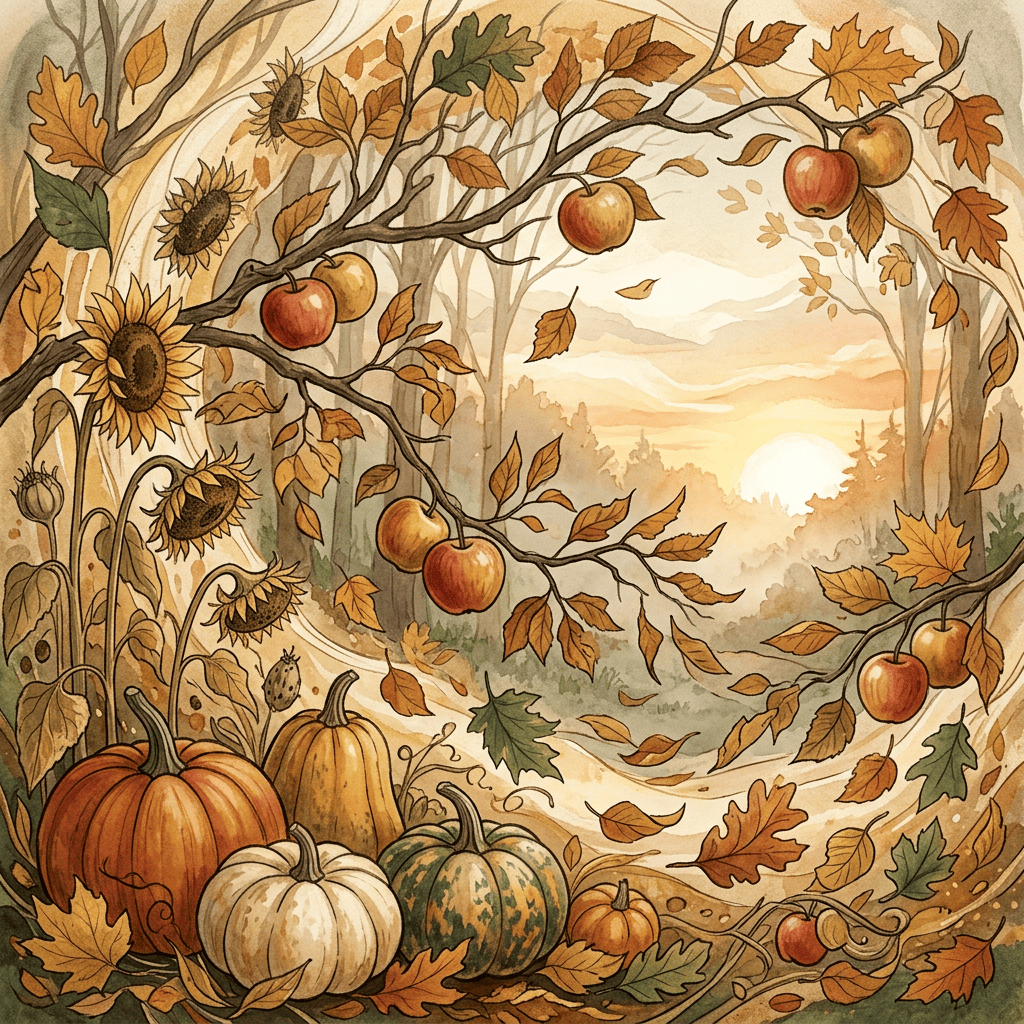 Illustrated autumn landscape with apples, sunflowers, pumpkins, and falling leaves