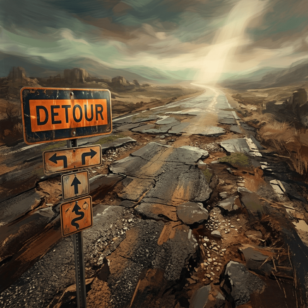 Golden footprints crossing a cracked road toward distant light