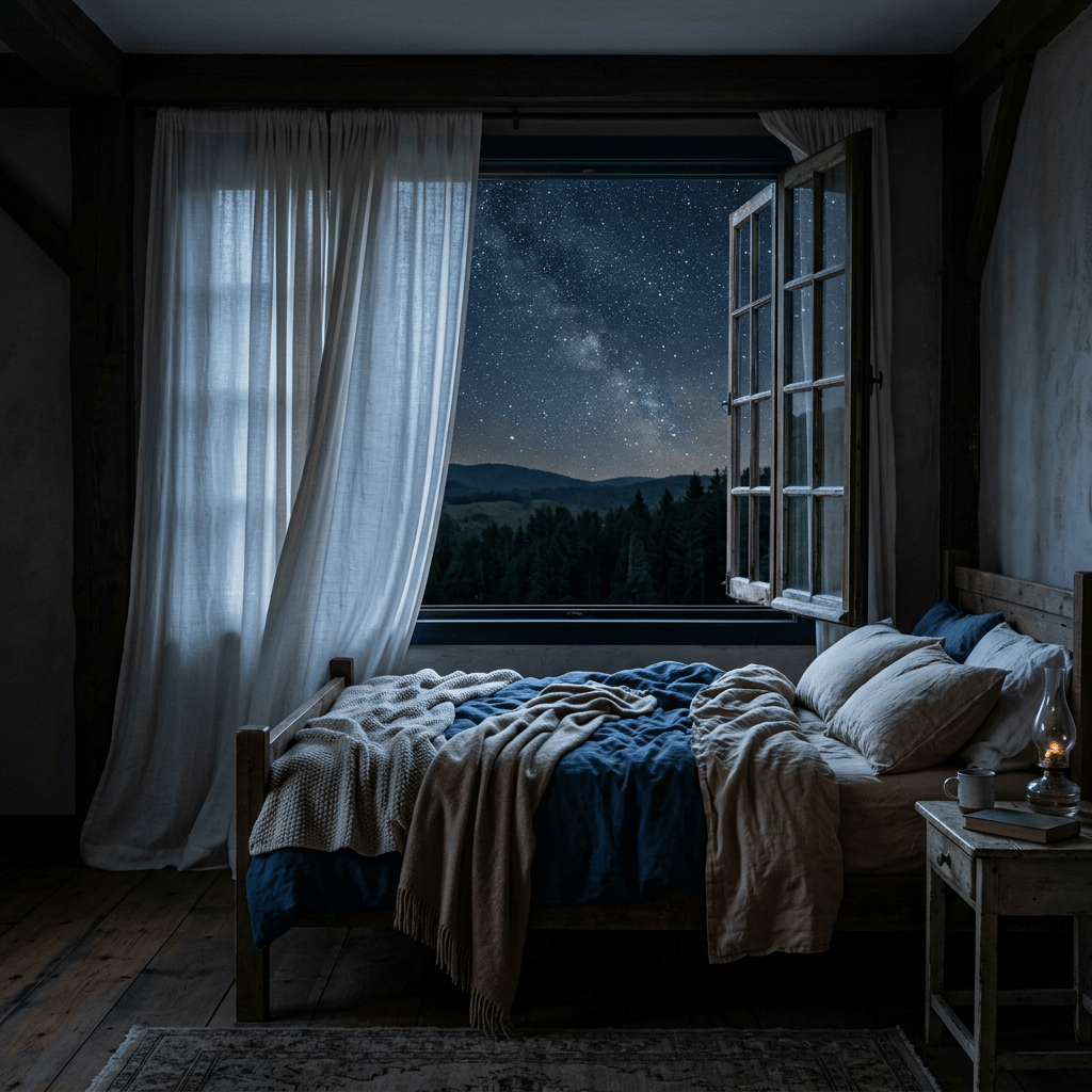 Rustic bedroom with open window overlooking a starry forested landscape