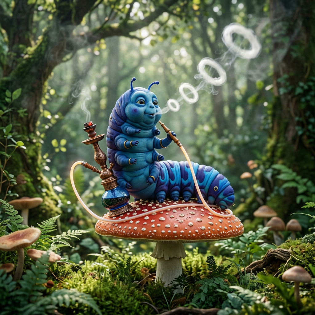 Blue caterpillar smoking a hookah on a giant mushroom in a forest