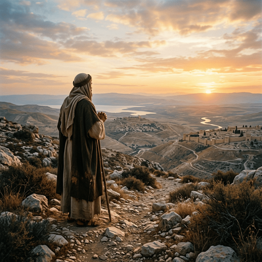 Robed traveler overlooking a valley and river at sunset