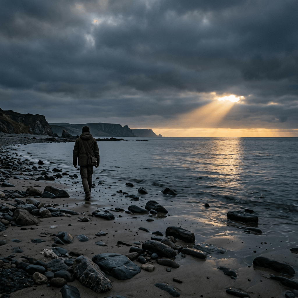 Person walking along a rocky beach beneath storm clouds and sunlight